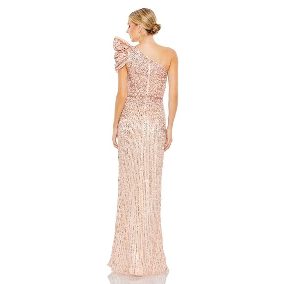 Mac Duggal Embellished One-Shoulder Gown 0  Puff Sleeve Sequin A-Line NWT - Picture 2 of 8